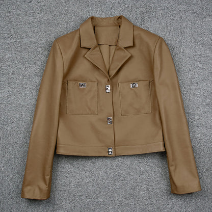 Women Cropped Leather Jacket Short Brown