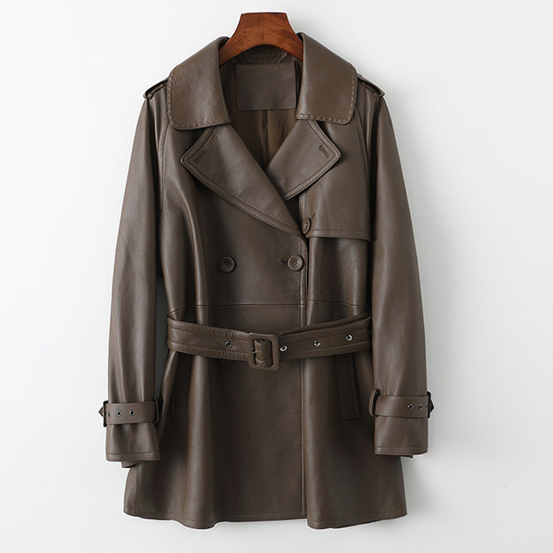 Mid length women leather trench jacket coat
