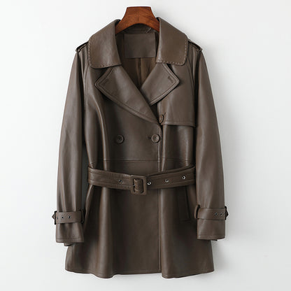 Mid length women leather trench jacket coat