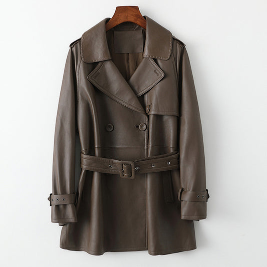 Mid length women leather trench jacket coat