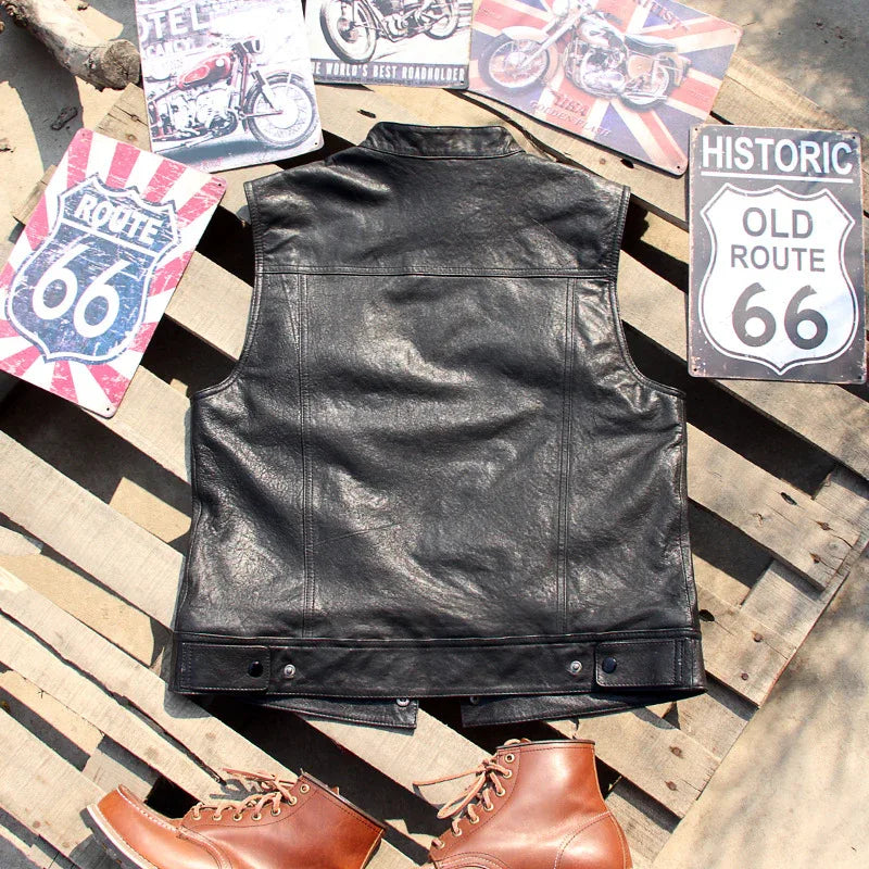 Stand collar lambskin leather motorcycle riding vest