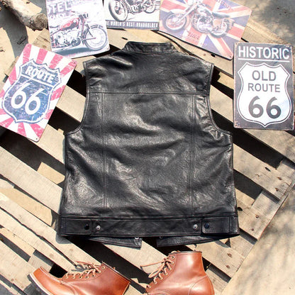 Stand collar lambskin leather motorcycle riding vest