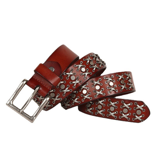 Genuine Leather Punk Belt with Silver Cross Rivets