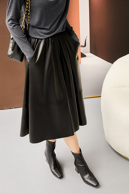 Sheepskin a-line leather midi skirt belt