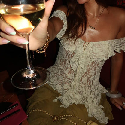 Lace-Up One Shoulder Top for Women Ruffle Ribbon Blouse