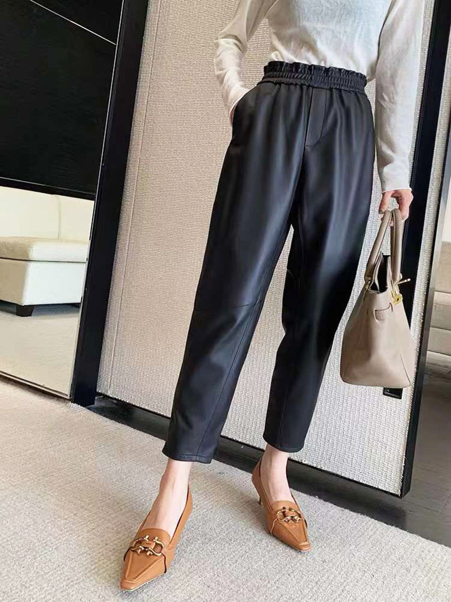 Women Italian Leather Carrot Pants Cropped Straight Leg Elastic Waist