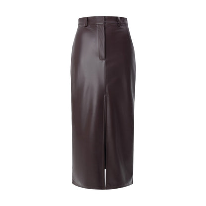 High Waist Leather Slit Straight Skirt