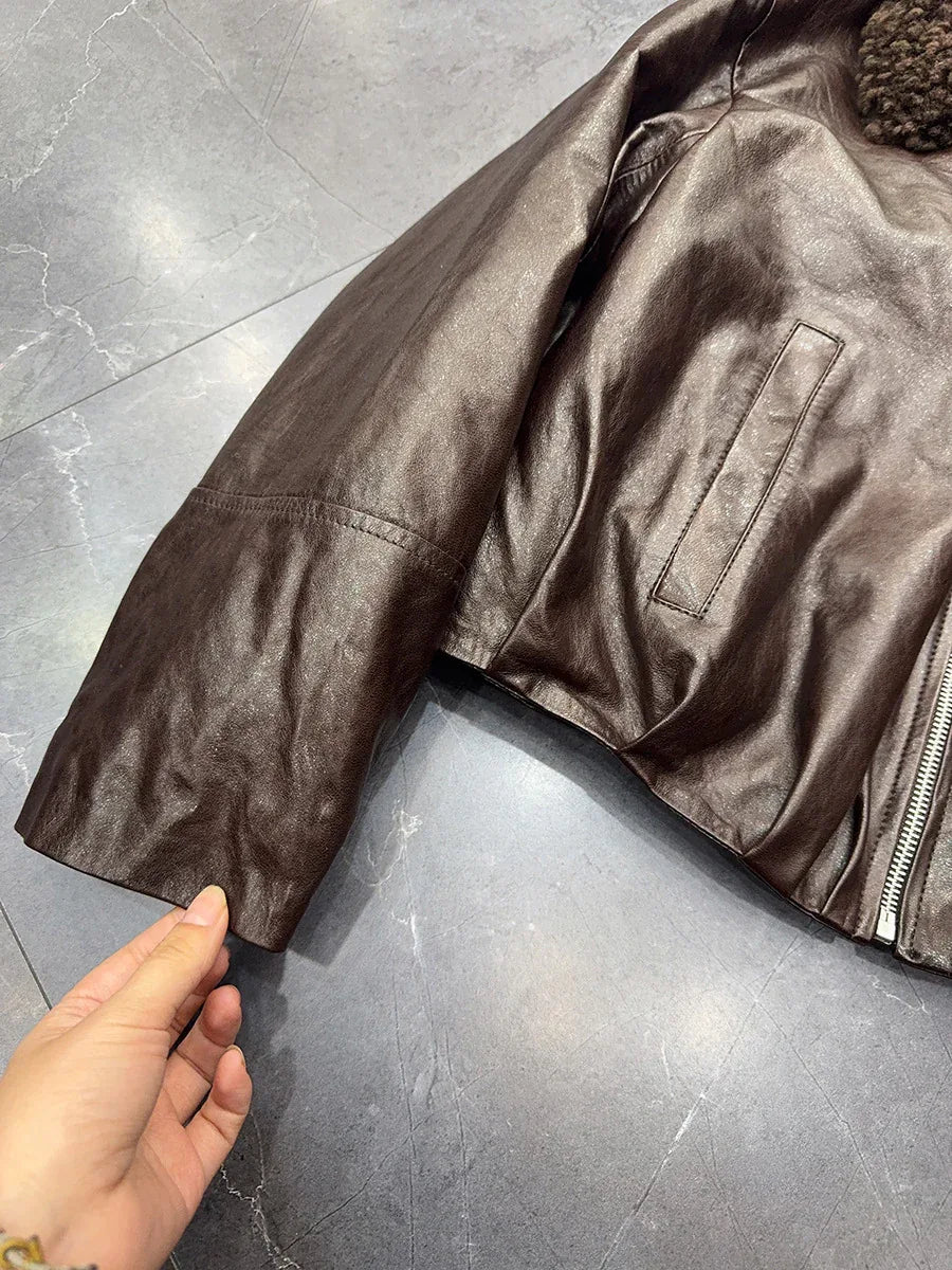 Genuine leather women bomber jacket with fur collar