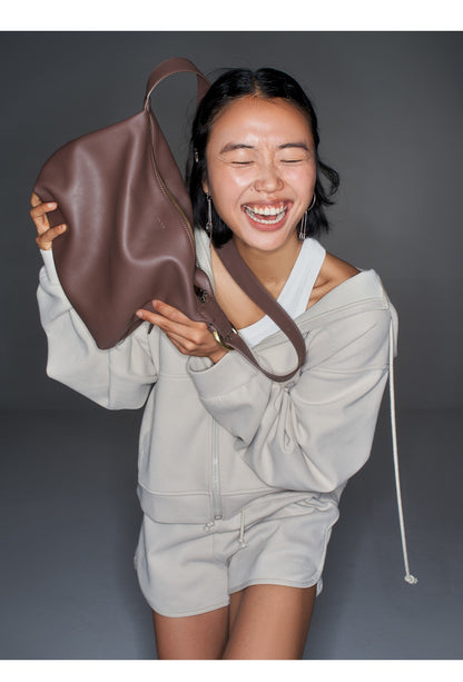 Soft leather large capacity shoulder tote bag Brown Small