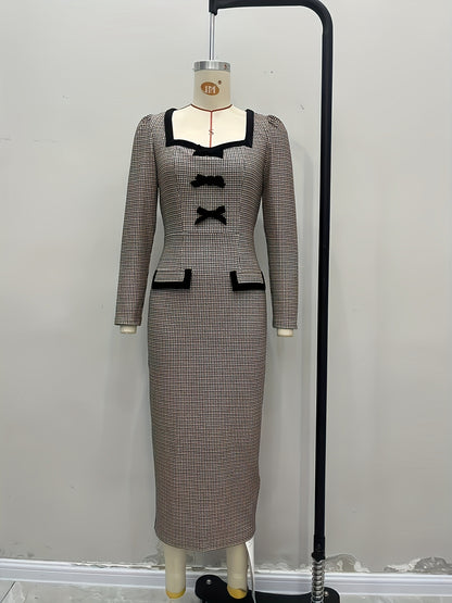 Plaid Midi Long Sleeve Dress with Bows and Square Neckline