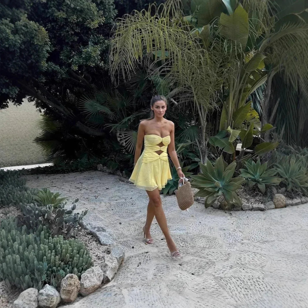Strapless knot front yellow mini dress
