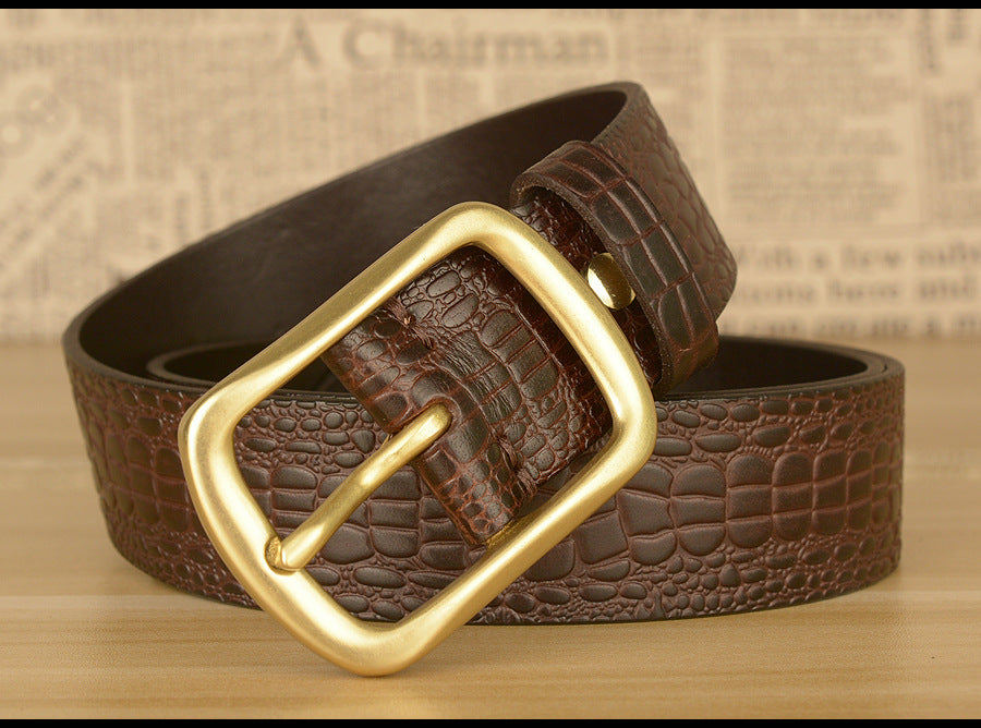 Men Leather Belt with Copper Buckle Crocodile Pattern