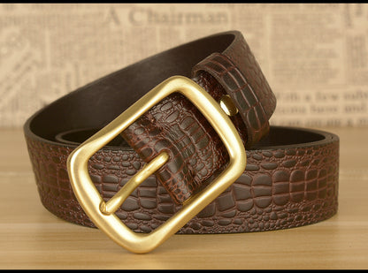Men Leather Belt with Copper Buckle Crocodile Pattern