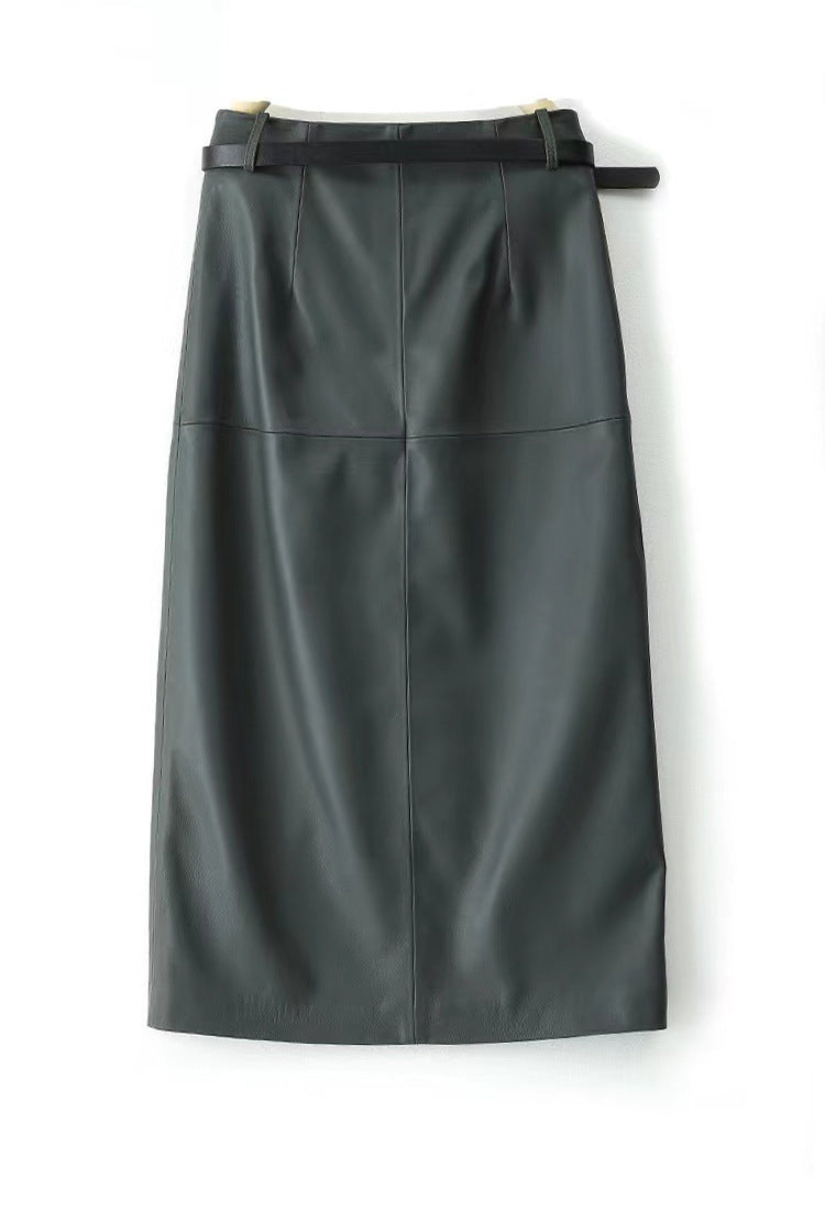Genuine Leather Skirt High Waisted Slim Fit with Front Slit