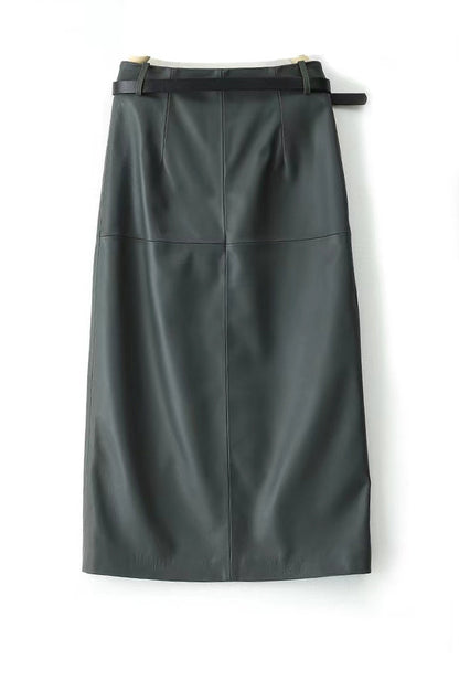 Genuine Leather Skirt High Waisted Slim Fit with Front Slit