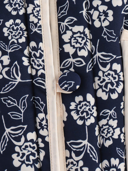 Women Floral Quilted Cotton Jacket Navy White