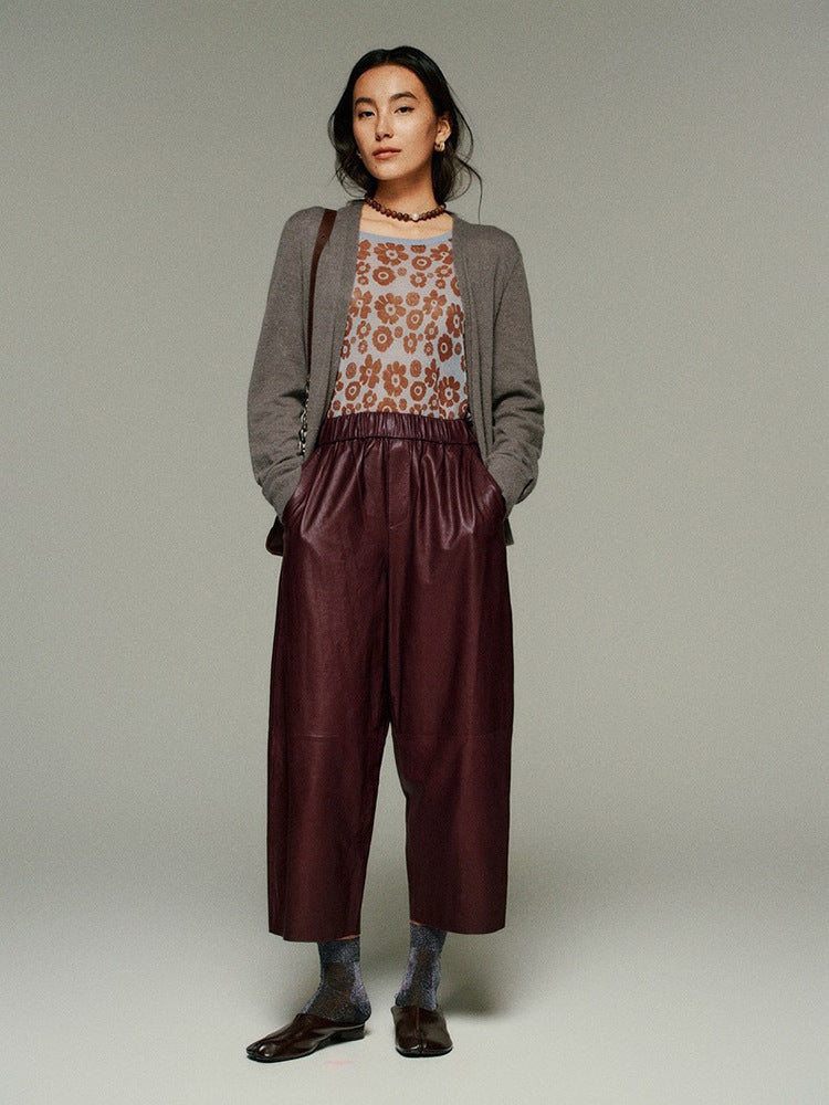 Women Leather Baggy Pants Retro Elastic Waist Loose Fit