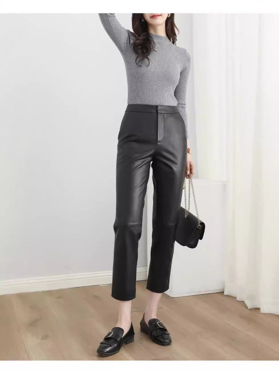 Women’s High Waisted Black Cropped Leather Pants