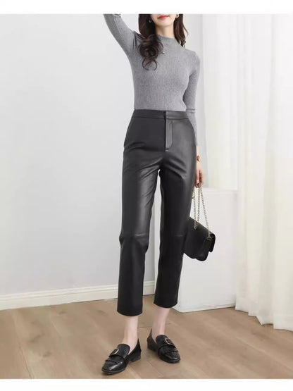 Women’s High Waisted Black Cropped Leather Pants
