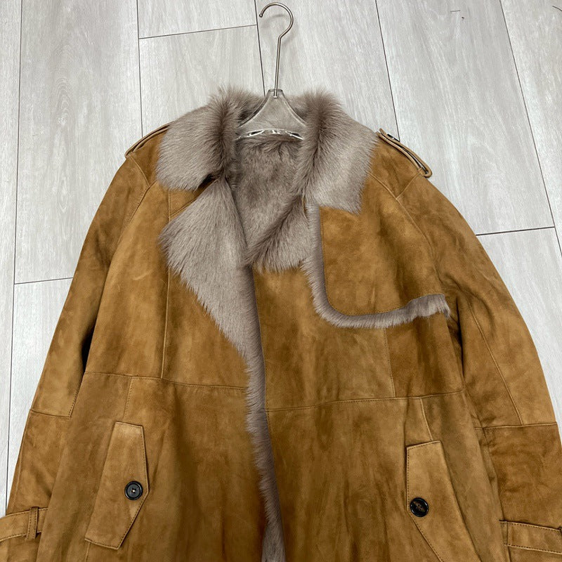 Women Brown Suede Jacket with Sheepskin Collar