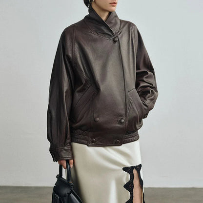 Women Leather Bomber Jacket Oversized Genuine Leather Brown S