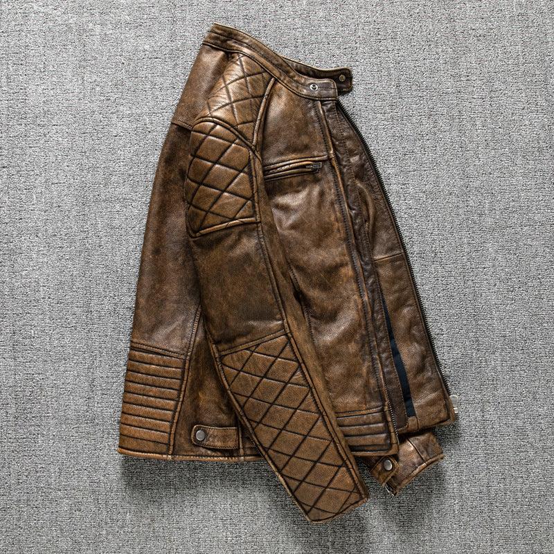 Men’s Vintage Distressed Biker Leather Jacket Slim Fit