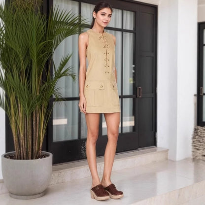 Women’s Sleeveless Khaki Commuter Dress with Cross-Lace Front