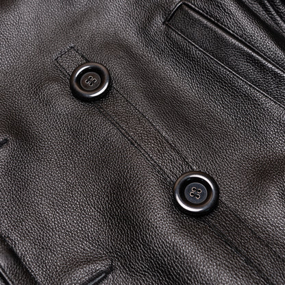 Plus size double-breasted mid-length leather jacket