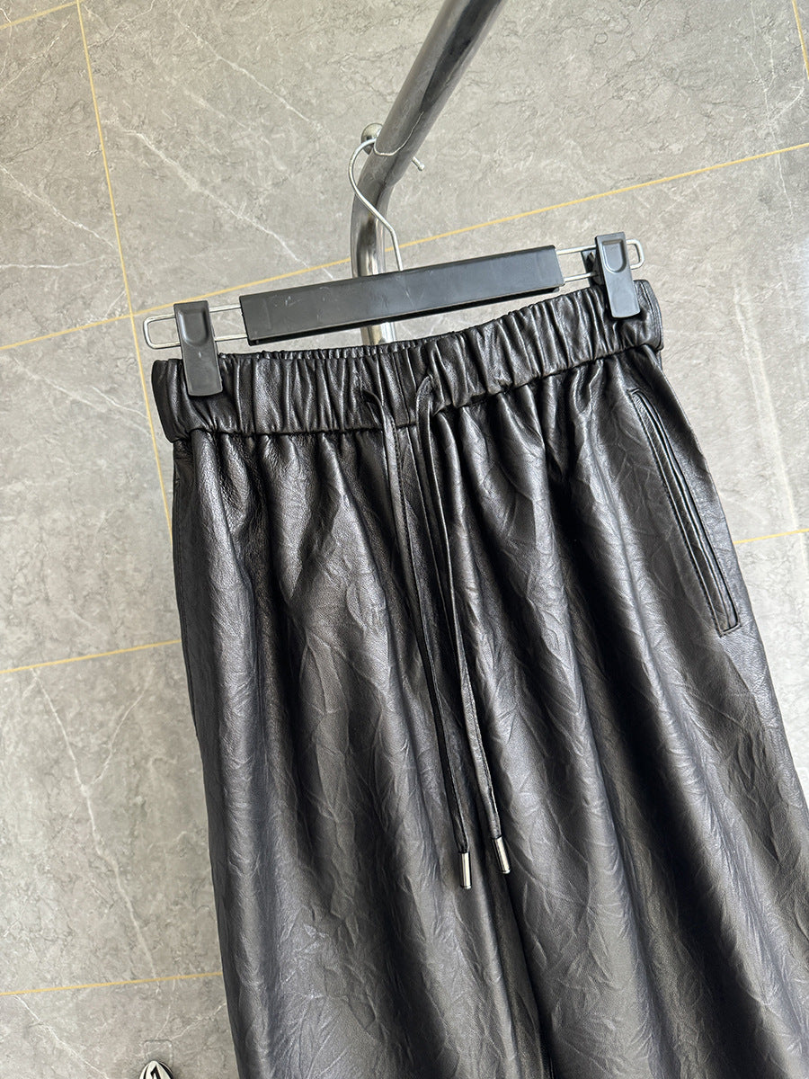Women Genuine Leather Trousers Elastic Waist Carrot Pants