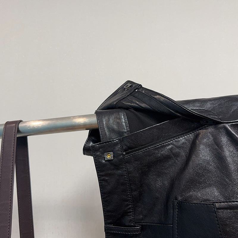 High Waisted Black Genuine Leather Shorts with Front Pockets