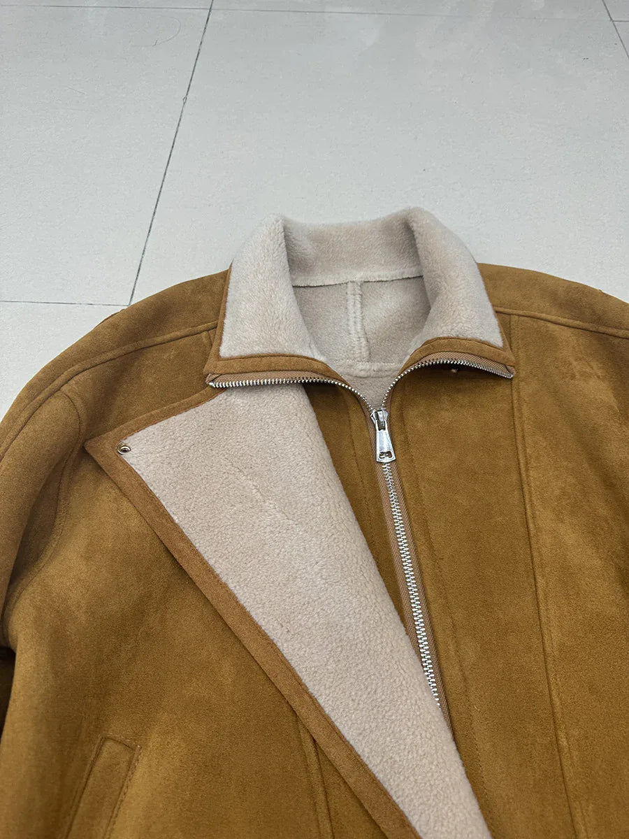 Women Suede Lambswool Real Fur Moto Jacket