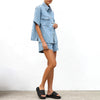 Women’s Denim Two Piece Short Sleeve Shirt and Shorts Set