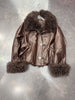 Genuine sheepskin leather jacket with fur collar Brown S