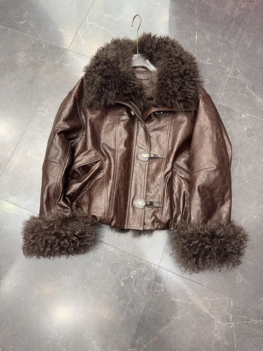 Genuine sheepskin leather jacket with fur collar Brown S