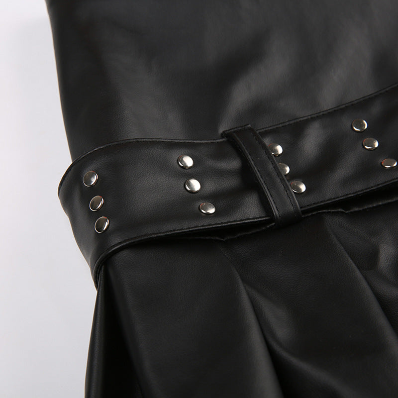 Imitation Leather Belted Mini Skirt