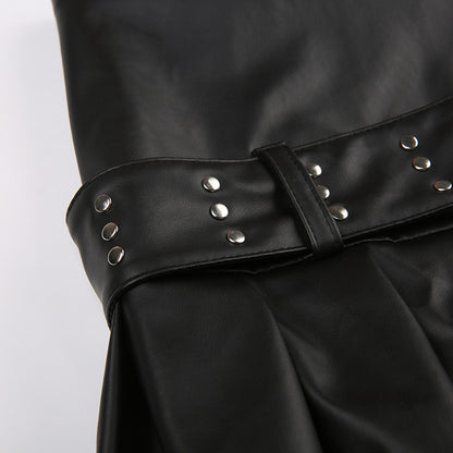 Imitation Leather Belted Mini Skirt