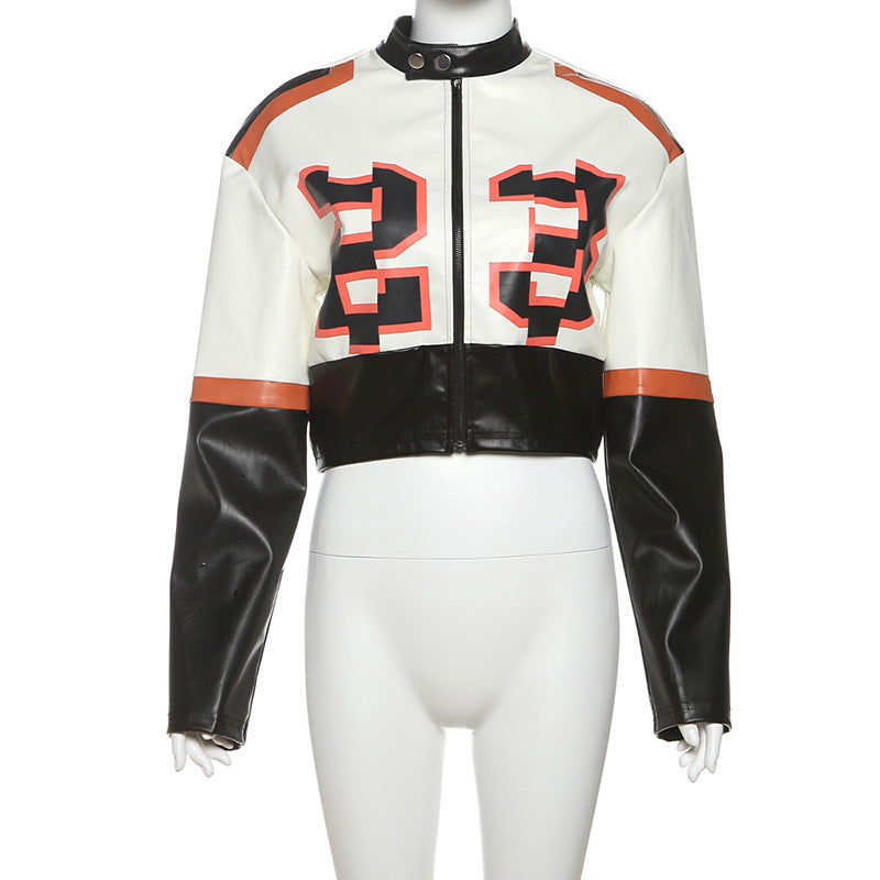Cropped Faux Leather Bomber Jacket With Patch