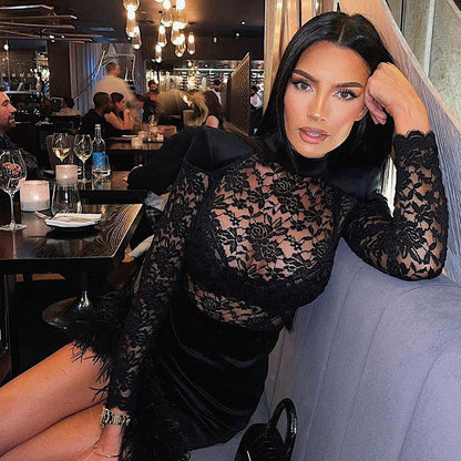 Black lace bodycon mini dress with feather hem