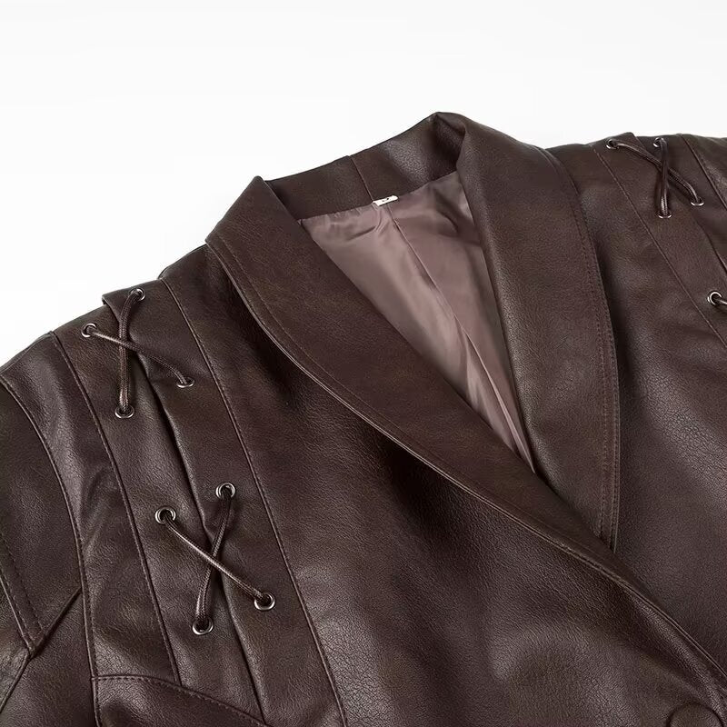 Faux Leather Jacket Women Belted Retro Wrap Style