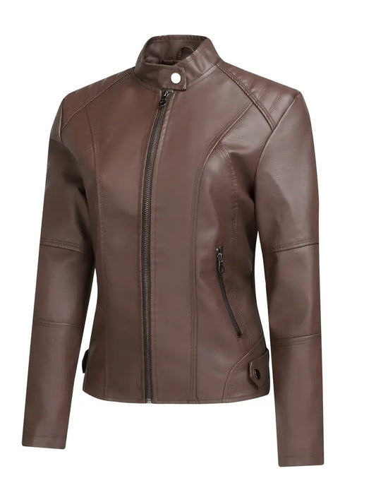 Brown PU Leather Biker Jacket for Women