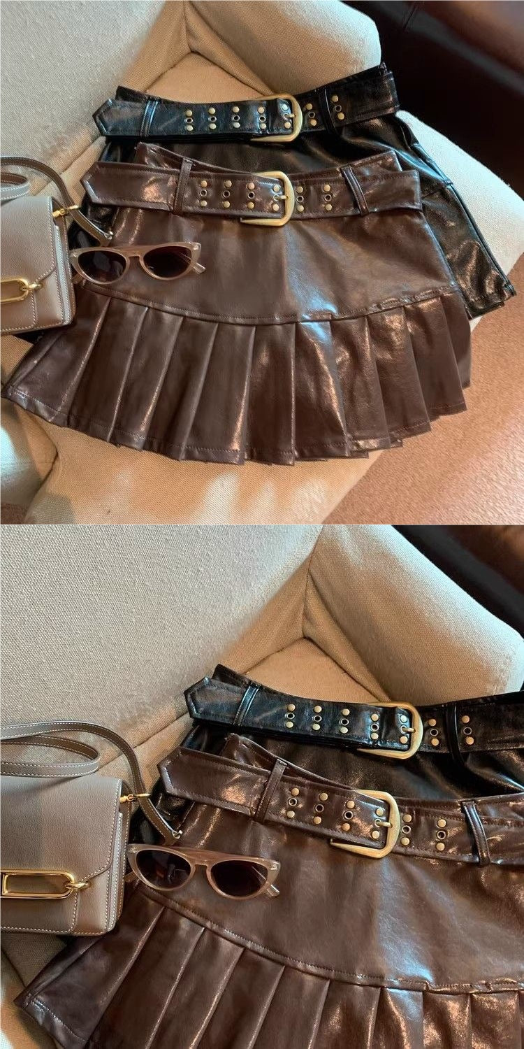 Women Pleated Leather Skirt