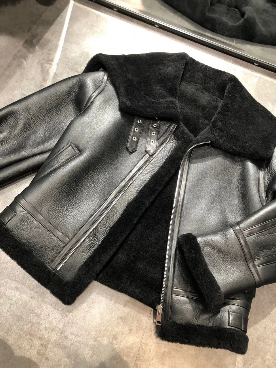 Women’s Black Leather Bomber Jacket with Fur Collar