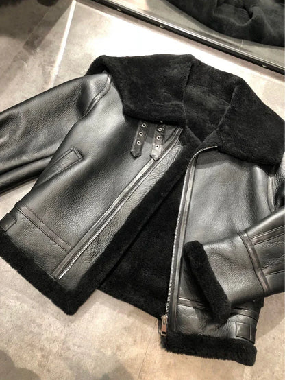 Women’s Black Leather Bomber Jacket with Fur Collar