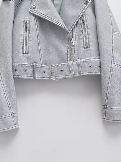 Women’s Short Faux Leather Motorcycle Jacket with Waist Belt