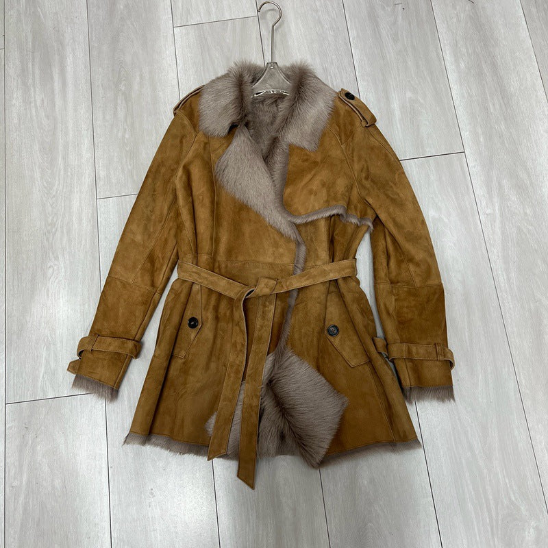 Women Brown Suede Jacket with Sheepskin Collar