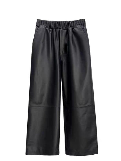 Women High Waisted Genuine Leather Straight Leg Pants