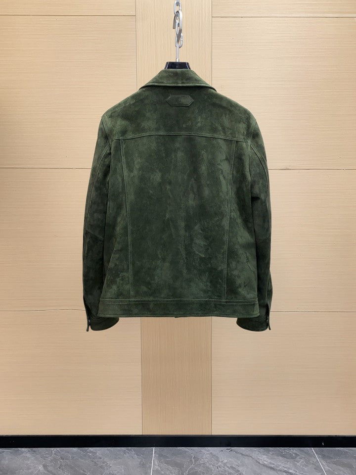 Men’s Dark Green Suede Trucker Jacket Matte Finish