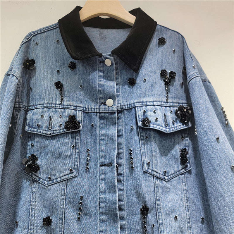 Women’s Contrast Collar Beaded Denim Jacket