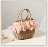 Woven Feather Straw Beach Bag White Fringe