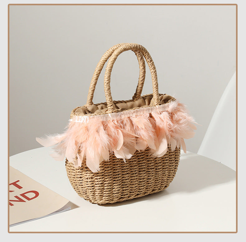 Woven Feather Straw Beach Bag White Fringe